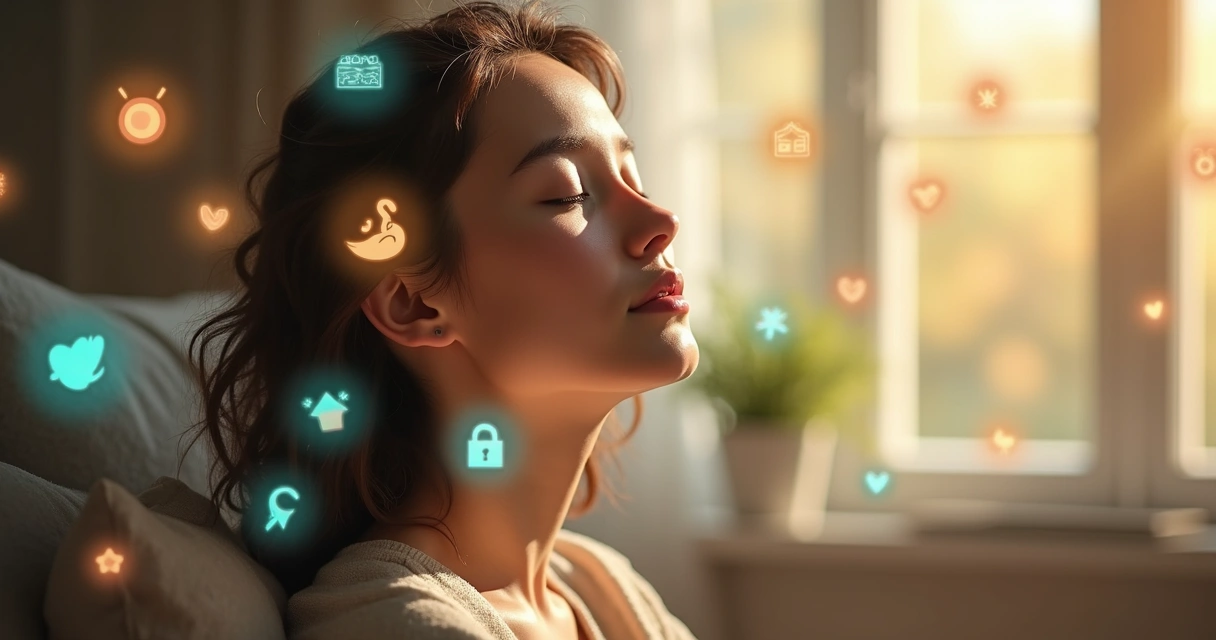 Person practicing mindfulness, surrounded by floating images of memories 