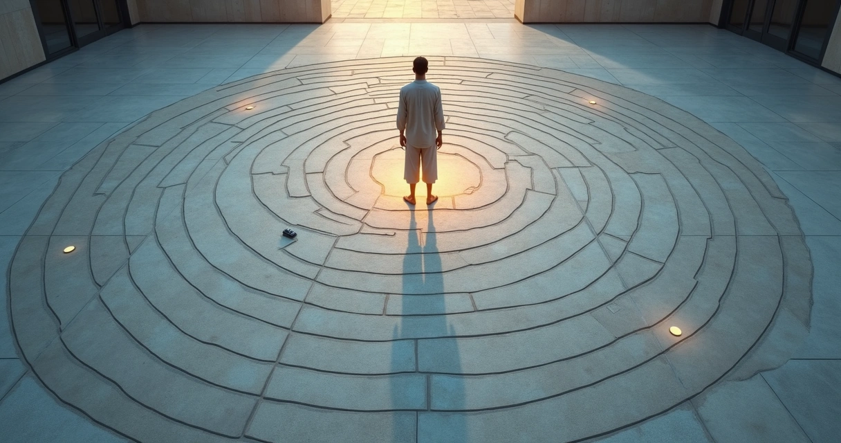 Person standing at center of branching path maze with calm inner glow 