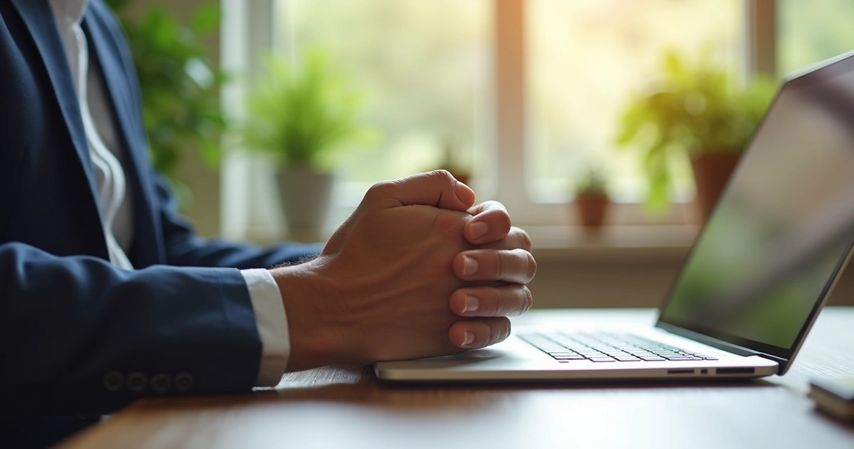 Close-up of leader taking mindful breath at desk 