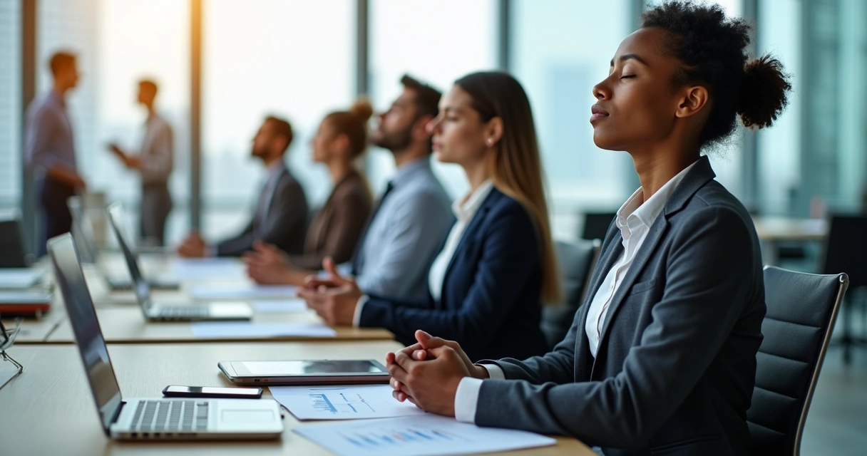 Equipe em escritório moderno praticando mindfulness em meio a ambiente de trabalho sob pressão 