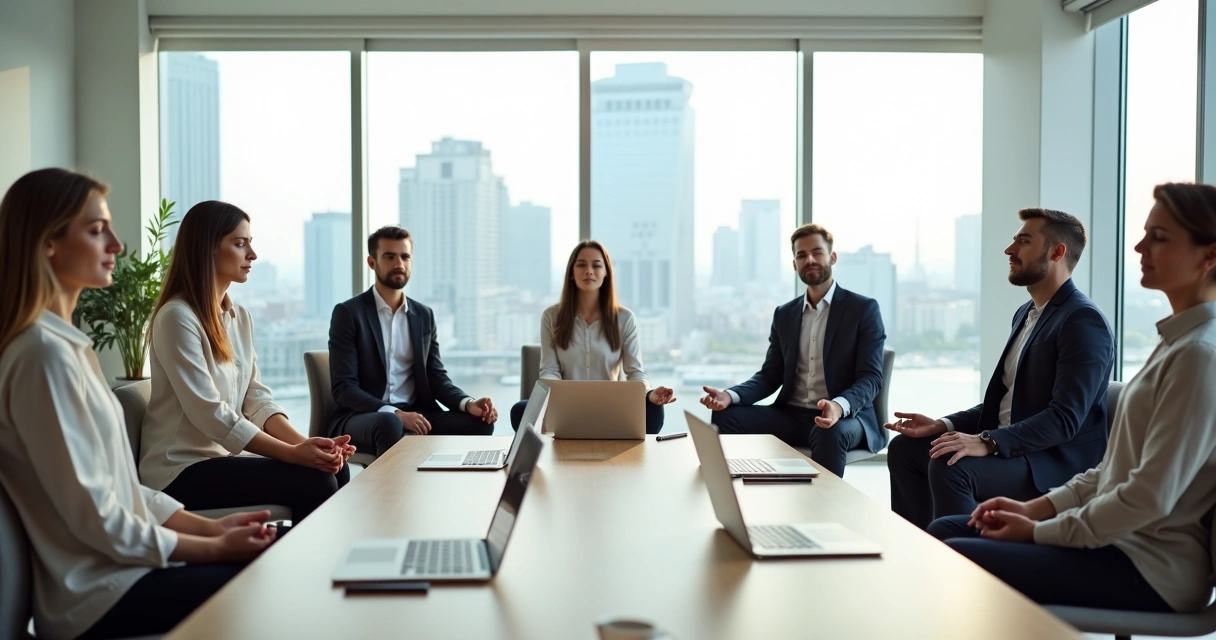 Equipe em reunião de negócios praticando mindfulness em sala moderna iluminada 