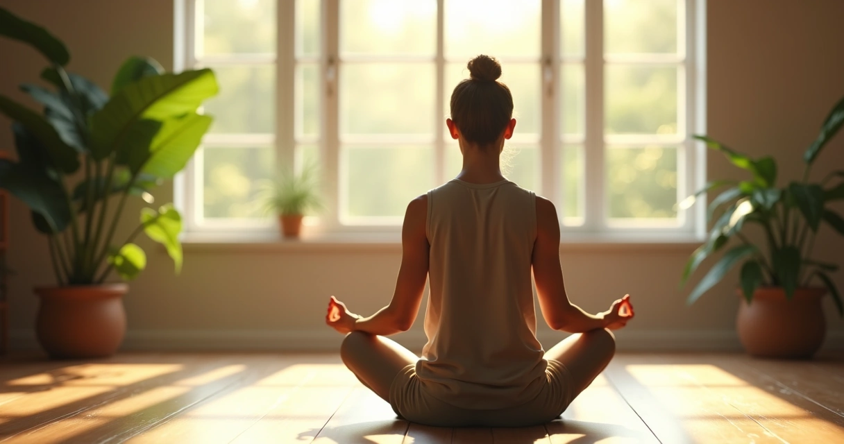 Person sitting cross-legged on a wooden floor, meditating by a large window with natural light 
