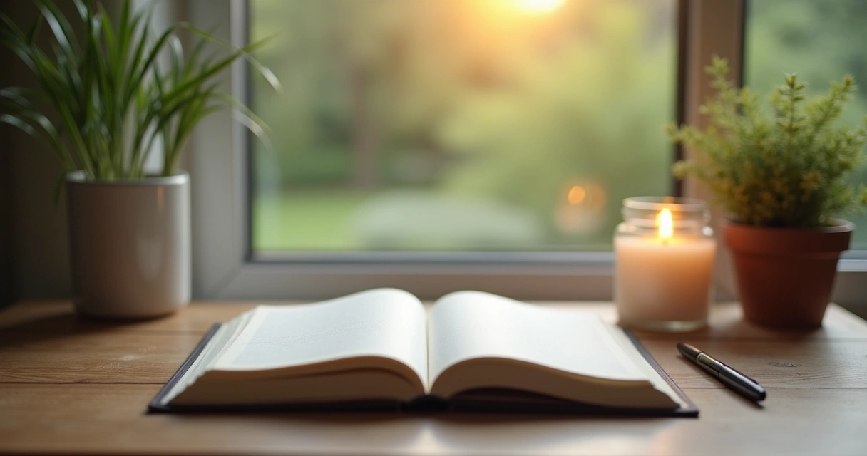 Peaceful desk with journal and candle, inviting mindfulness