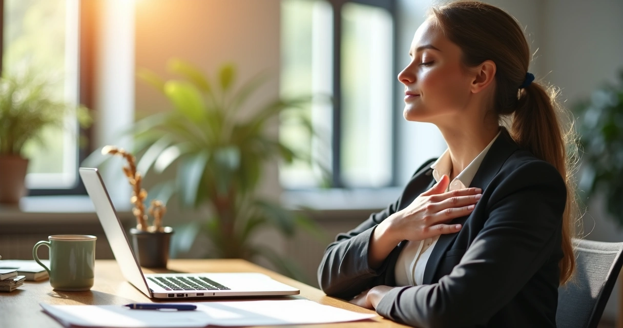 Woman sitting at a desk, pausing with eyes closed and hands on chest while working on her laptop 