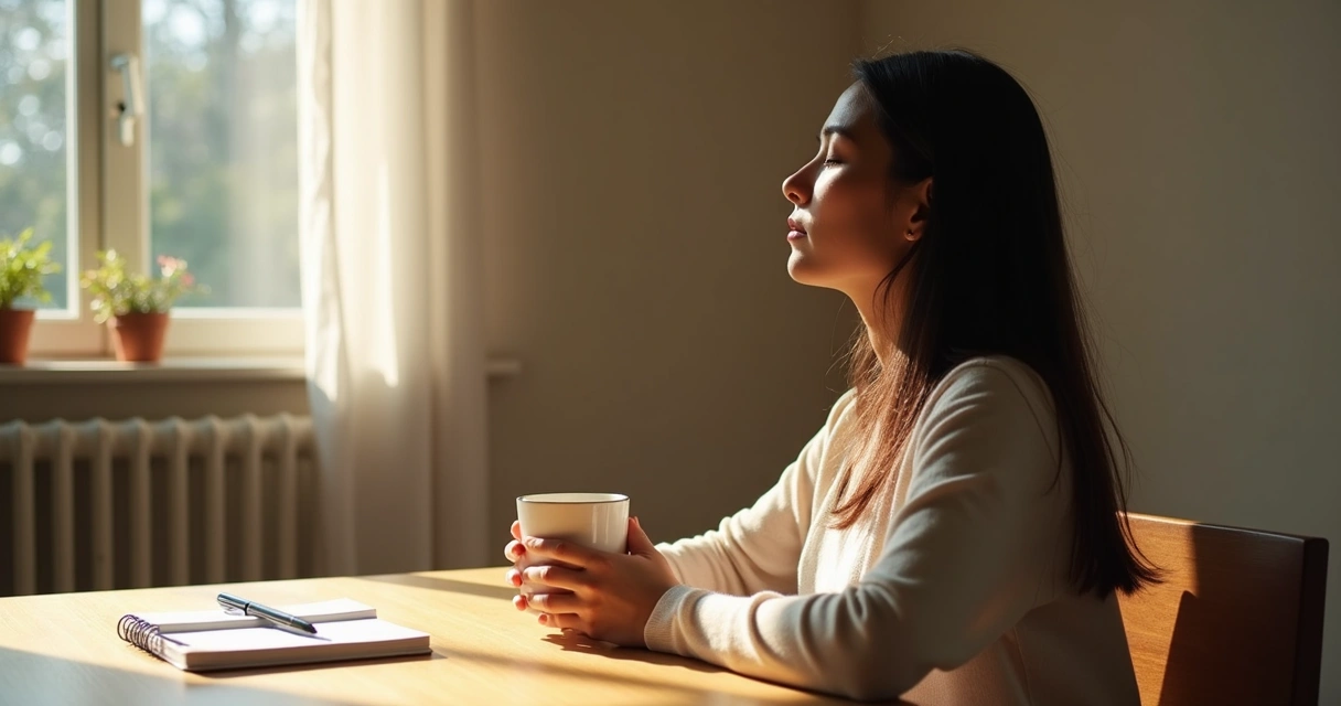 Person sitting at a table with eyes closed, focused on breath, cup in hand, sunlight streaming in 