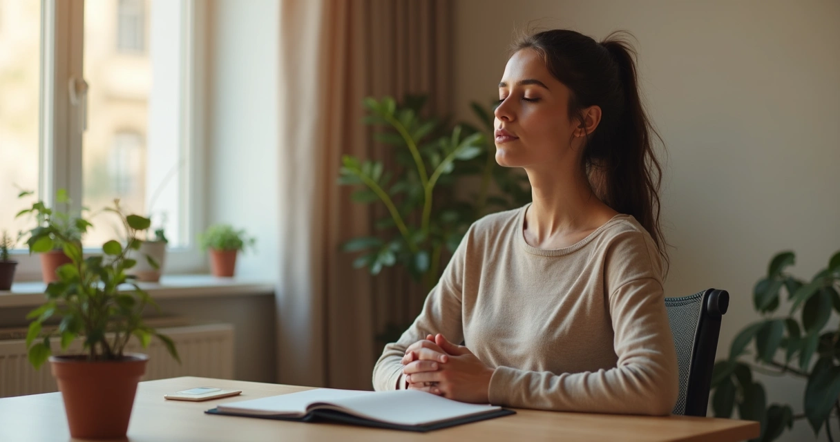 Woman sitting at a desk practicing mindfulness with a soft background 