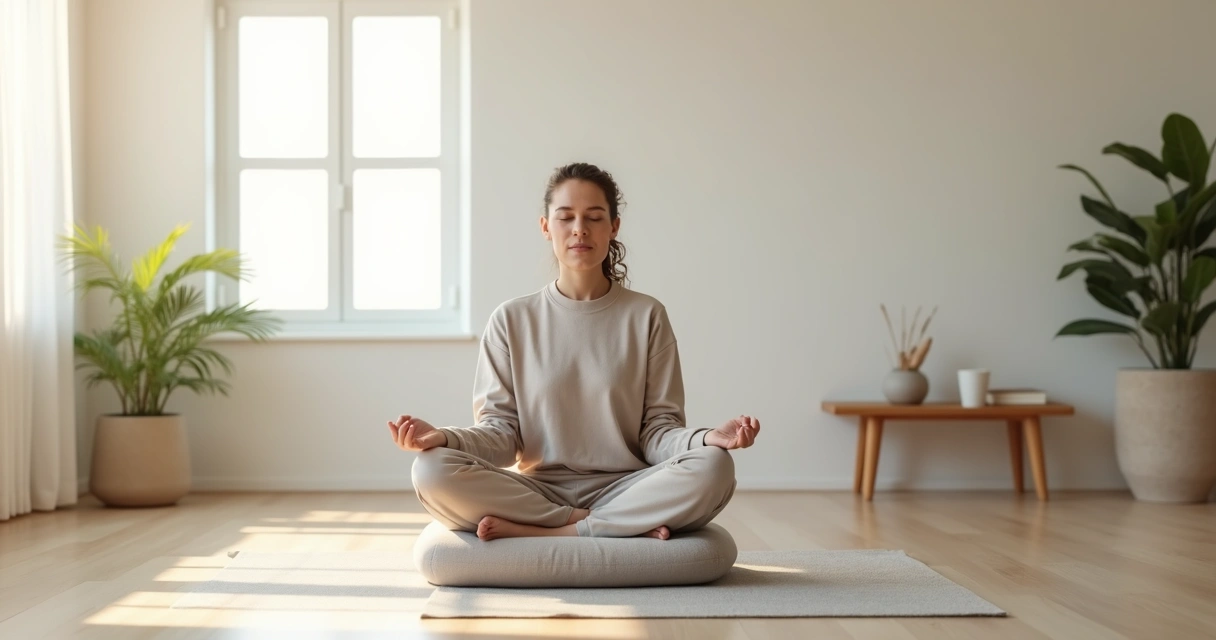 Pessoa meditando sentada em sala minimalista com luz natural suave 