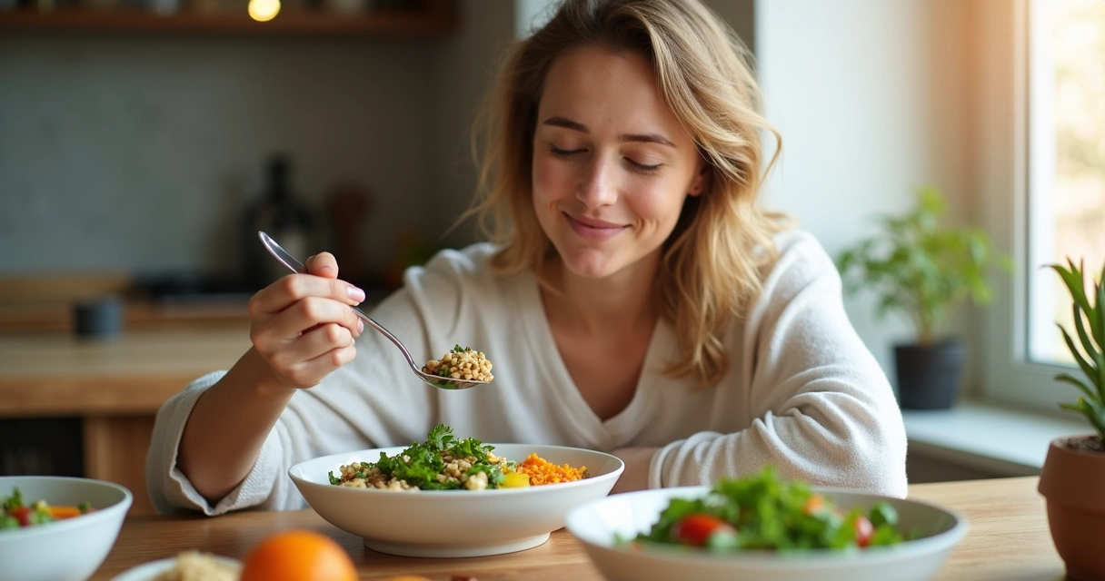 Pessoa apreciando alimento com atenção plena