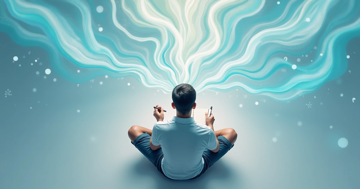 Person sitting alone, reflecting quietly, with abstract shapes swirling around their head 