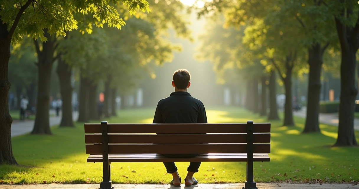 Person sitting on a bench, reflecting calmly in a green park during daylight.