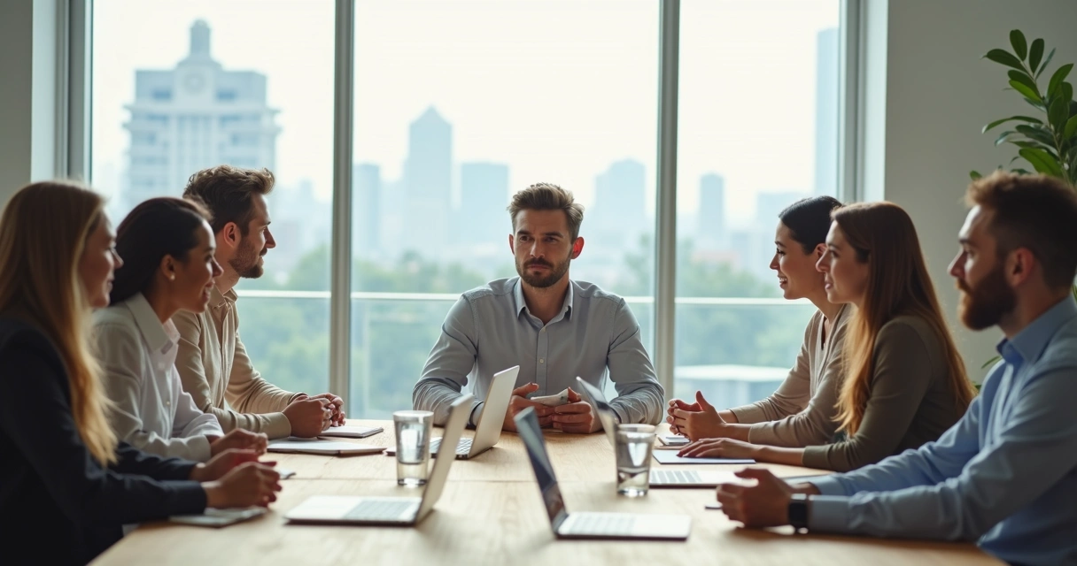 Profissional em reunião mantendo postura calma e atenta 