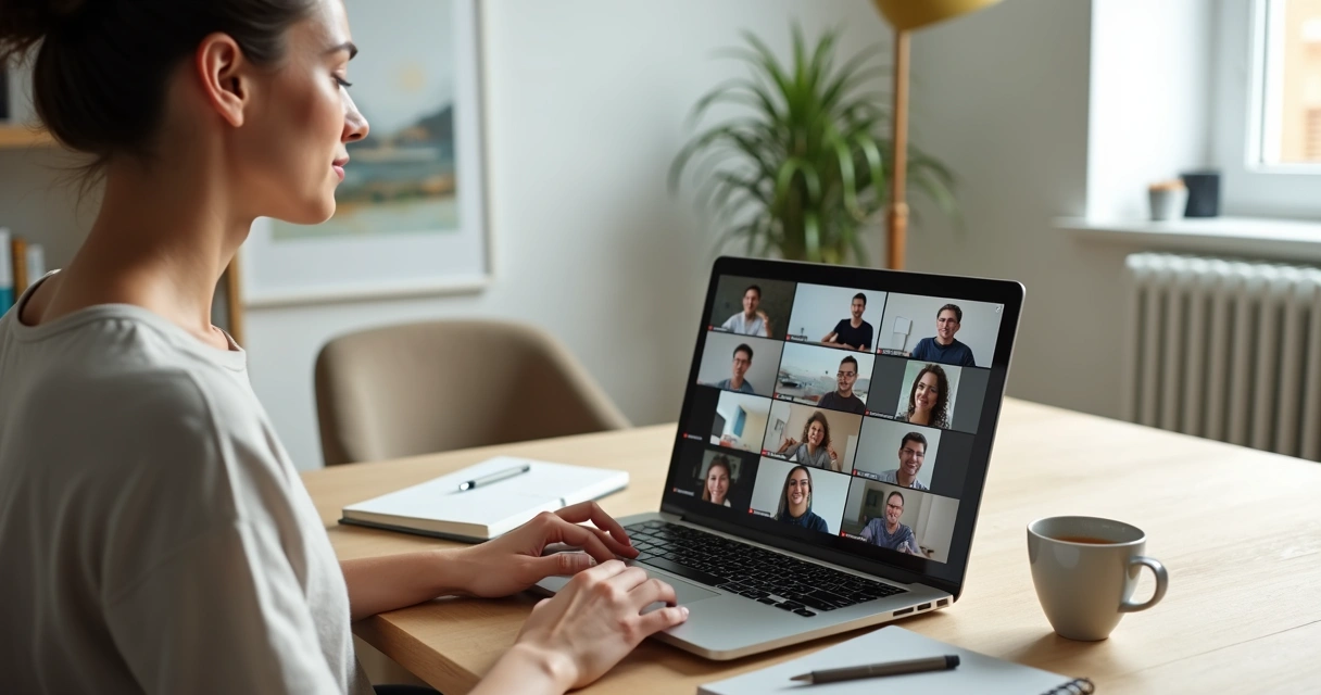 Profissional em reunião online praticando mindfulness em frente ao computador 
