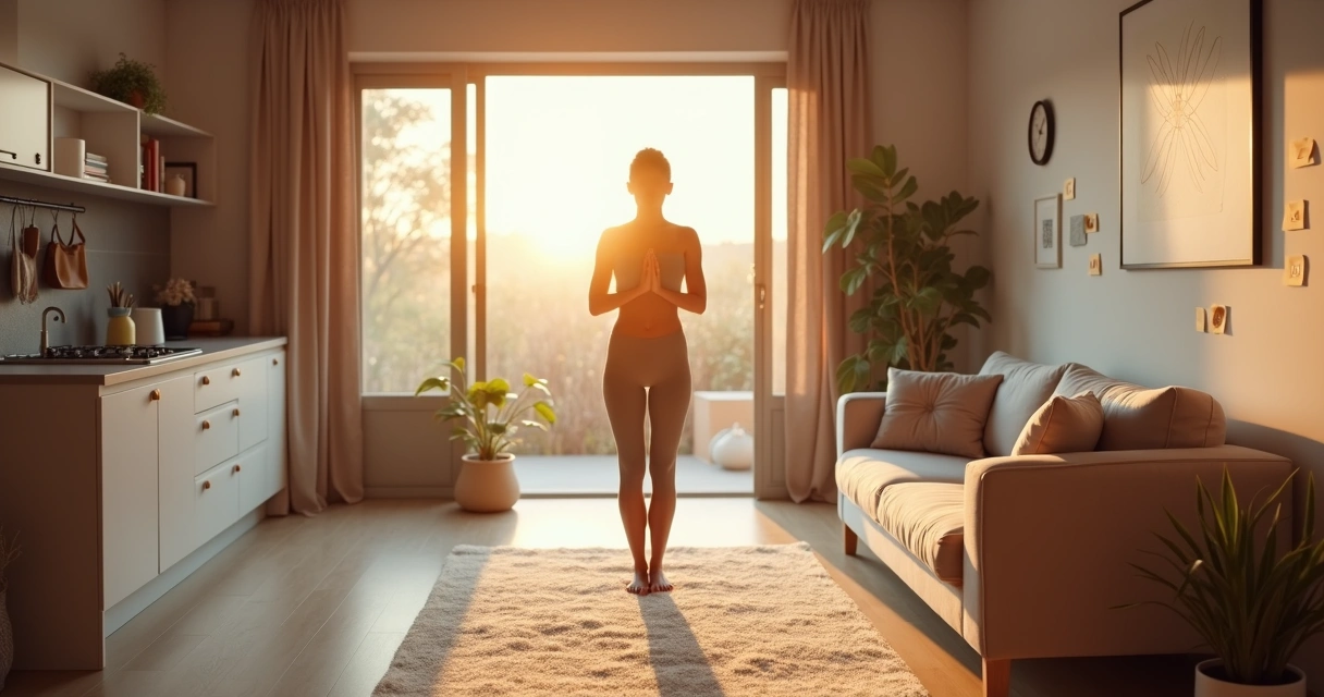Pessoa em sala de estar respirando em pé com rotina simbolizada ao redor 