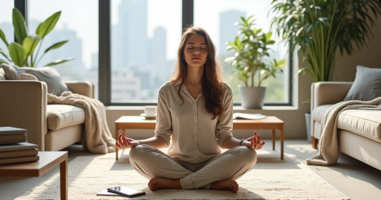 Pessoa meditando em posição de lótus em sala moderna com notebook e celular ao lado 