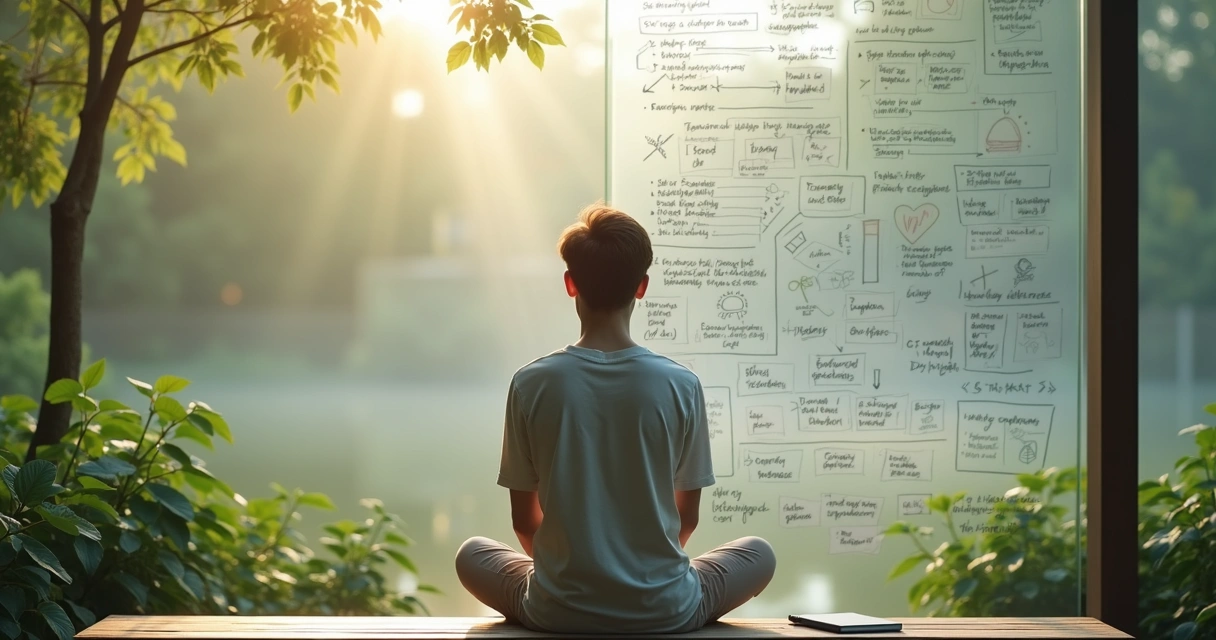 Person sitting between calm nature and wall of handwritten thoughts 