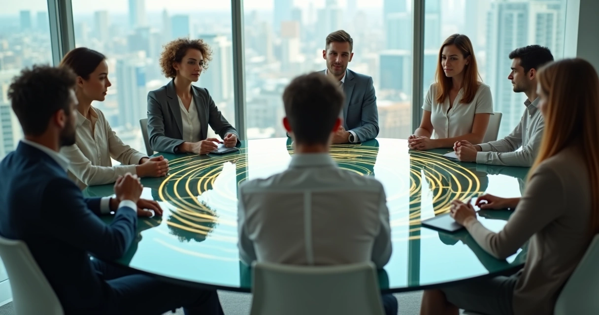 Equipe em mesa redonda com líder em postura centrada ao centro 