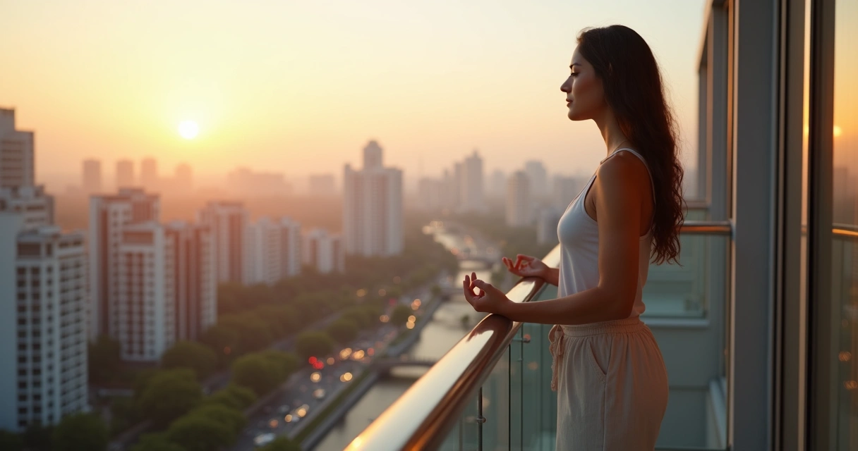 Pessoa em pé observando cidade ao amanhecer em postura de atenção plena 