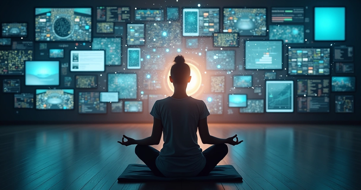 Pessoa em sala escura diante de várias telas brilhantes praticando mindfulness 