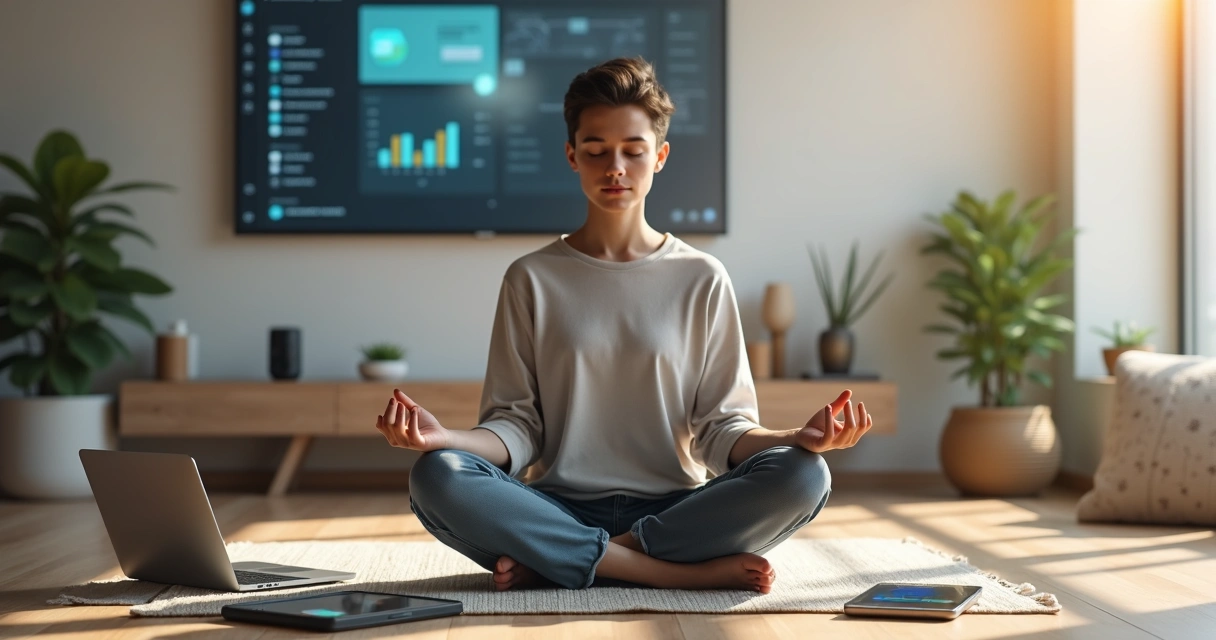 Person practicing mindfulness with digital devices around in a calm futuristic room 