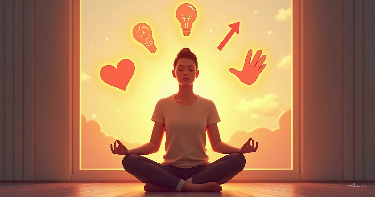 Calm person meditating with positive thought symbols around them. 
