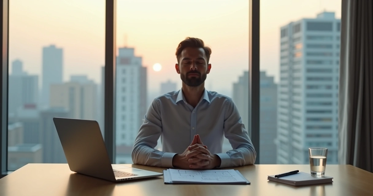 Pessoa em mesa de trabalho praticando mindfulness antes de tomar decisão importante 