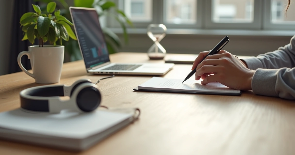Profesional organizando su escritorio con objetos de trabajo y arte de mindfulness 