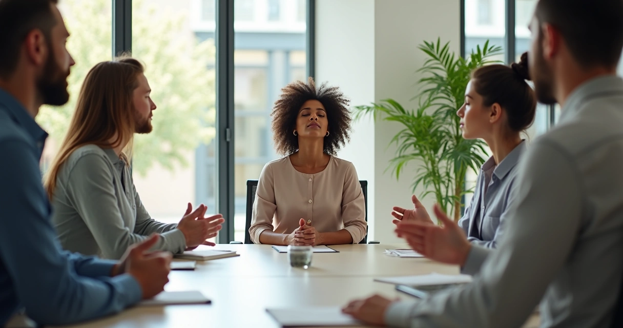 Equipe em uma reunião no escritório, com alguém praticando respiração consciente. 
