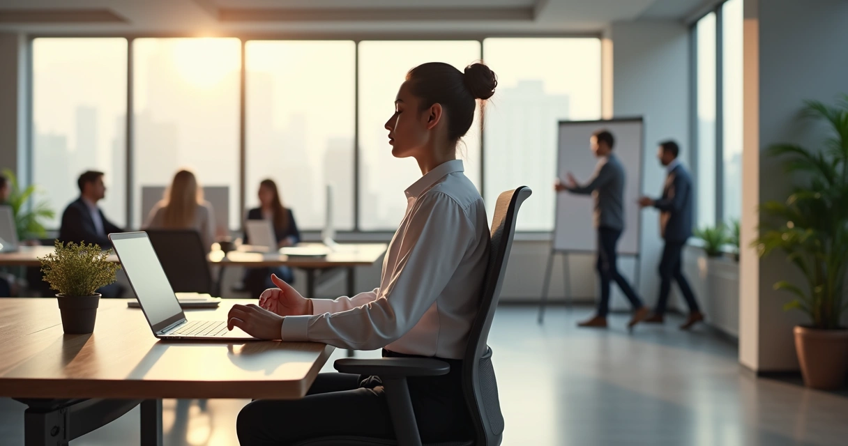 Profissional sentado em mesa de trabalho praticando mindfulness em escritório moderno 