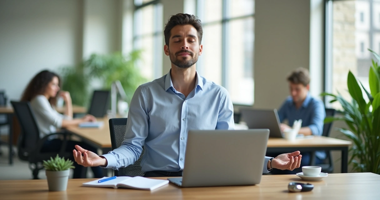 Profissional sentado em mesa de escritório praticando mindfulness com olhos fechados 