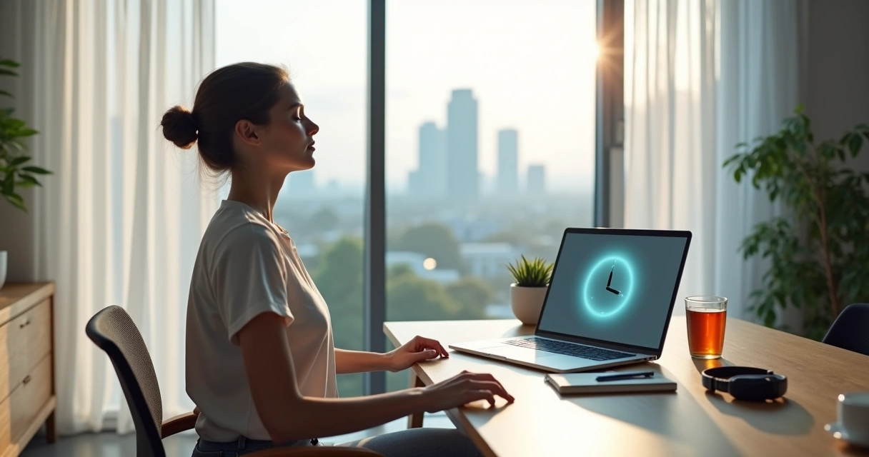 Profissional em home office praticando mindfulness diante do computador 