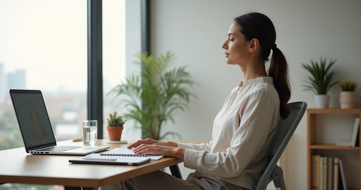 Mulher em home office praticando mindfulness na frente do notebook 