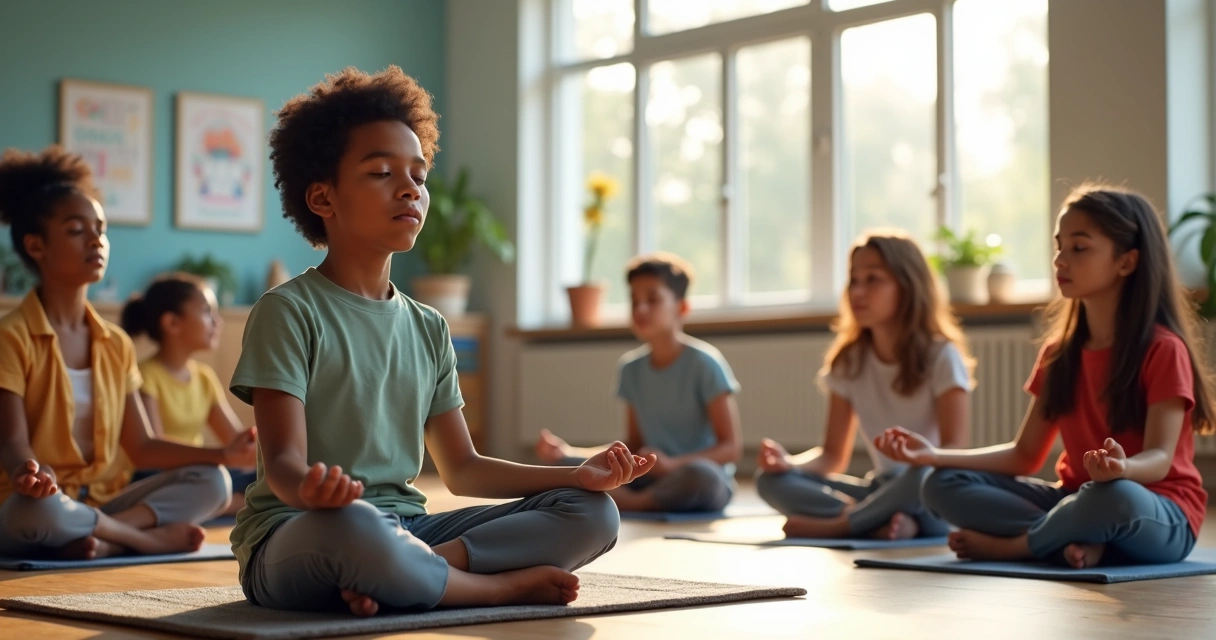 Turma de alunos praticando mindfulness com professor 