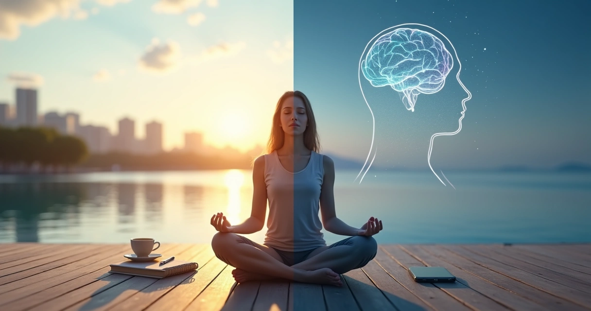 Pessoa meditando ao ar livre com metade da cena calma e metade com mente agitada 