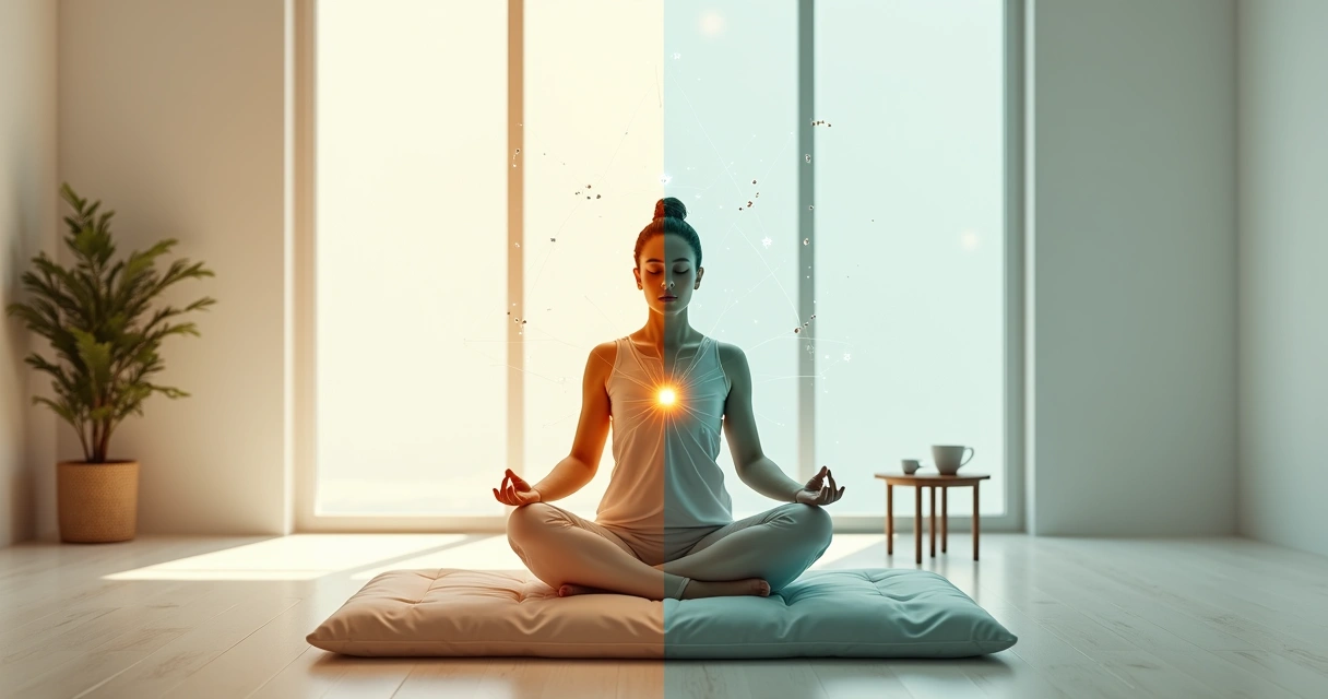 Comparación visual entre mindfulness y meditación marquesiana en una misma escena 