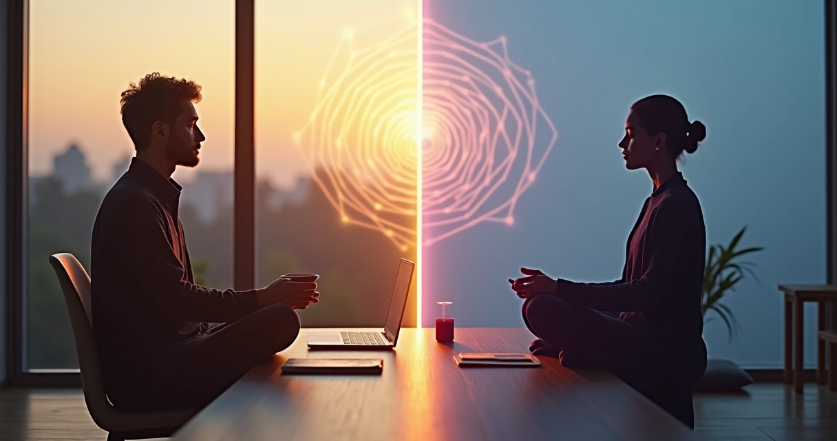 Split scene contrasting mindfulness in daily life and meditation in stillness for self-alignment 