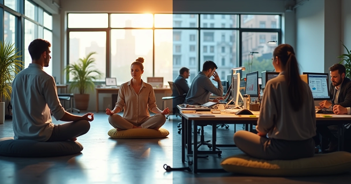 Equipe dividida entre foco em mindfulness e correria multitarefa em um escritório moderno 