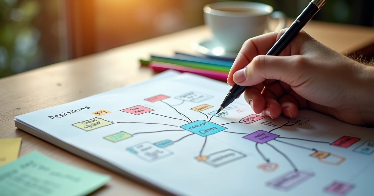 A hand drawing a decision mindmap diagram on paper 