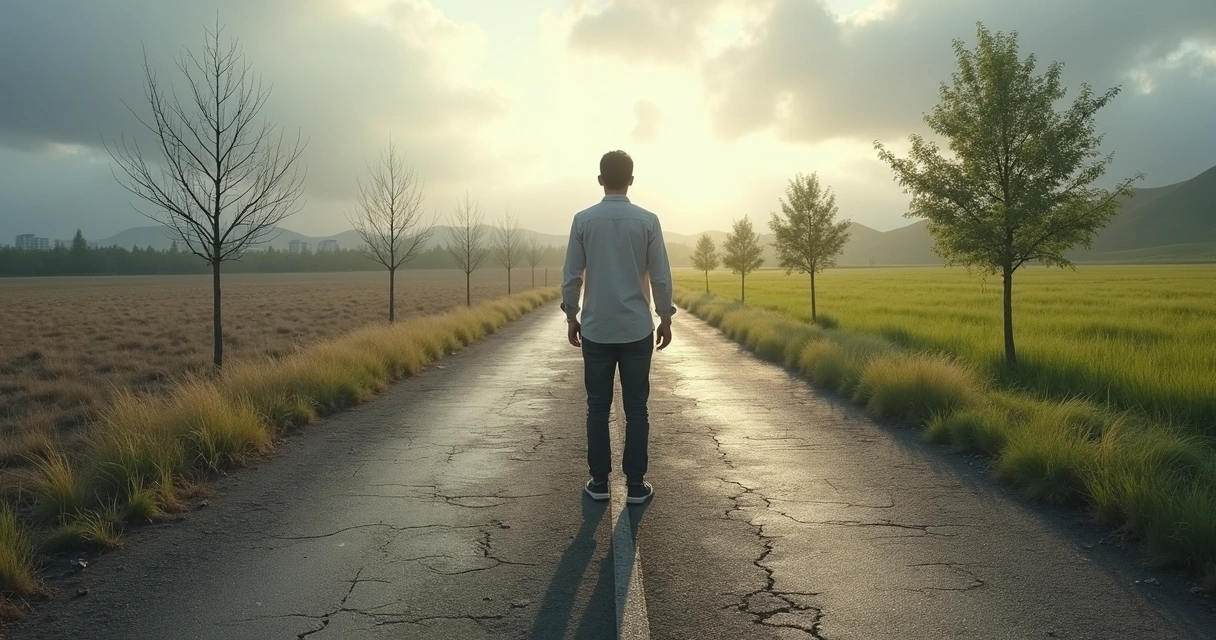 Pessoa diante de duas estradas simbolizando abundância e escassez 