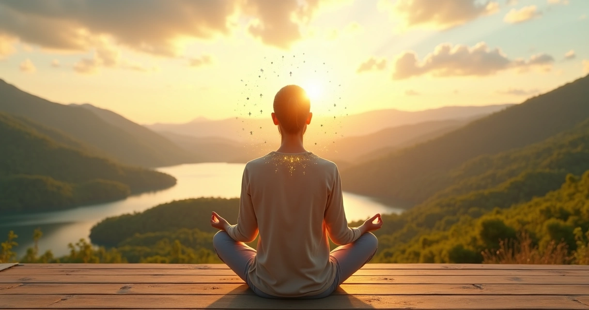 Pessoa meditando de frente para uma paisagem ampla e iluminada 