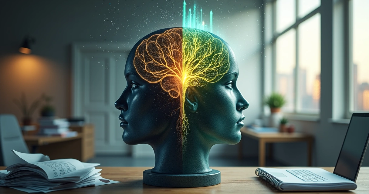 Cérebro dividido entre mentalidade fixa e abundante em ambiente de trabalho moderno 