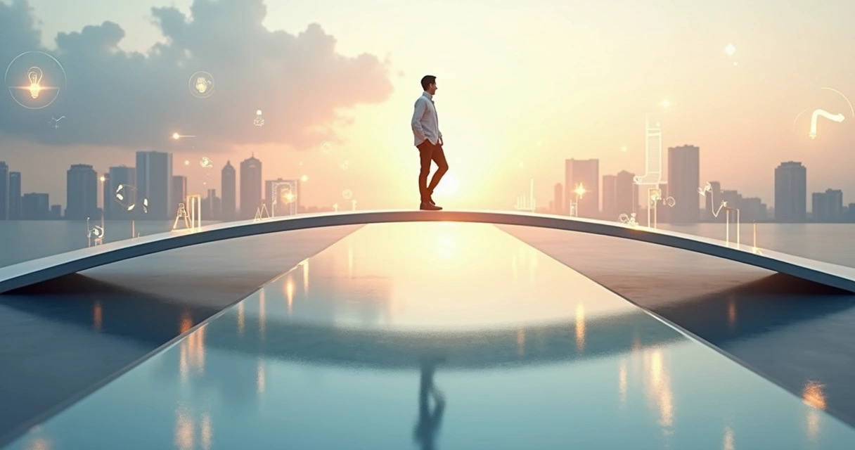 Person crossing a glowing bridge between thought and action in a minimalist cityscape 