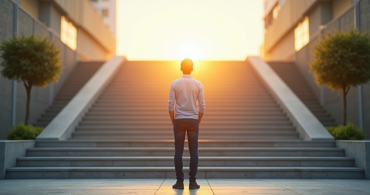 Pessoa em pé diante de escadas em crescimento olhando um horizonte iluminado 
