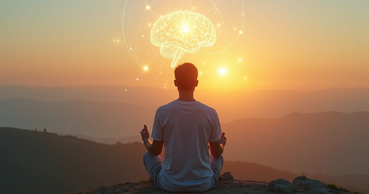 Pessoa em meditação olhando horizonte com ilustração de cérebro em expansão ao fundo 