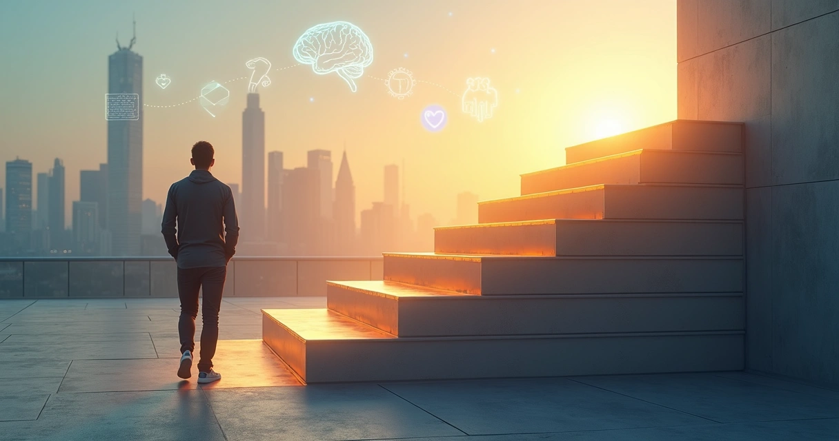 Pessoa em pé diante de escadas que sobem, simbolizando mindset de crescimento em 2026 