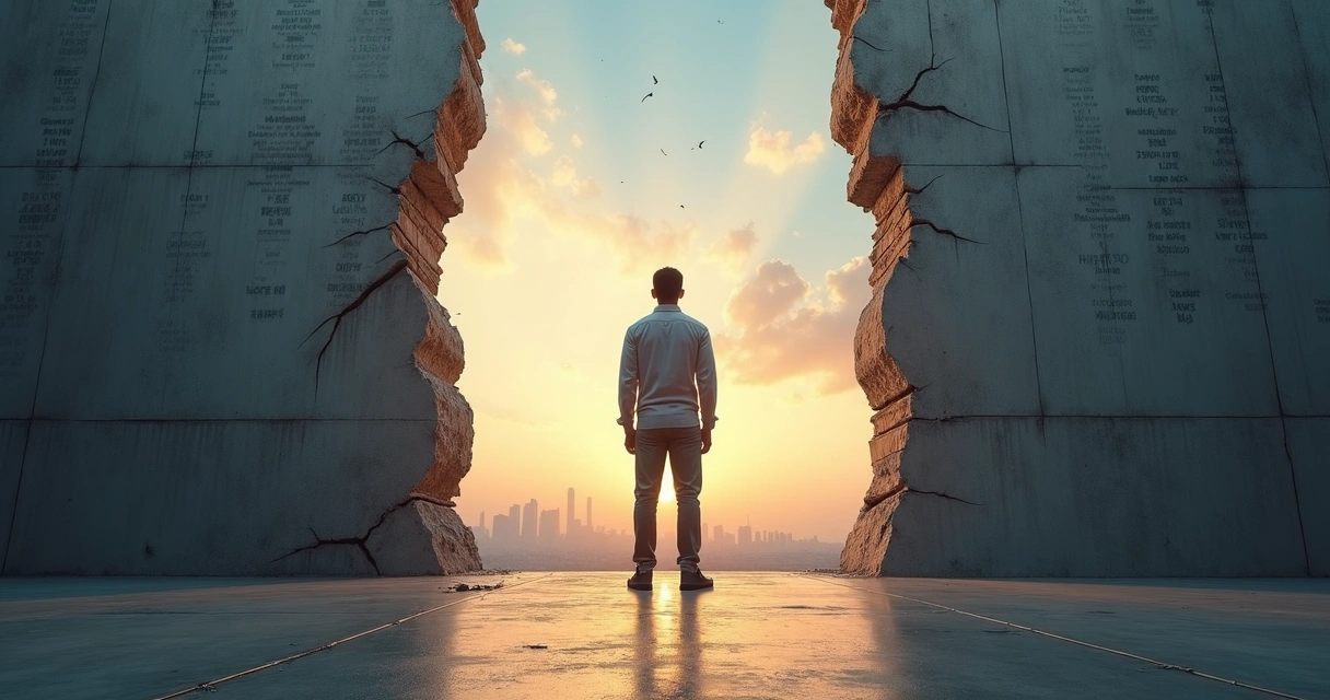 Pessoa diante de parede rachada com metade sombria e metade colorida, simbolizando mudança de crenças 