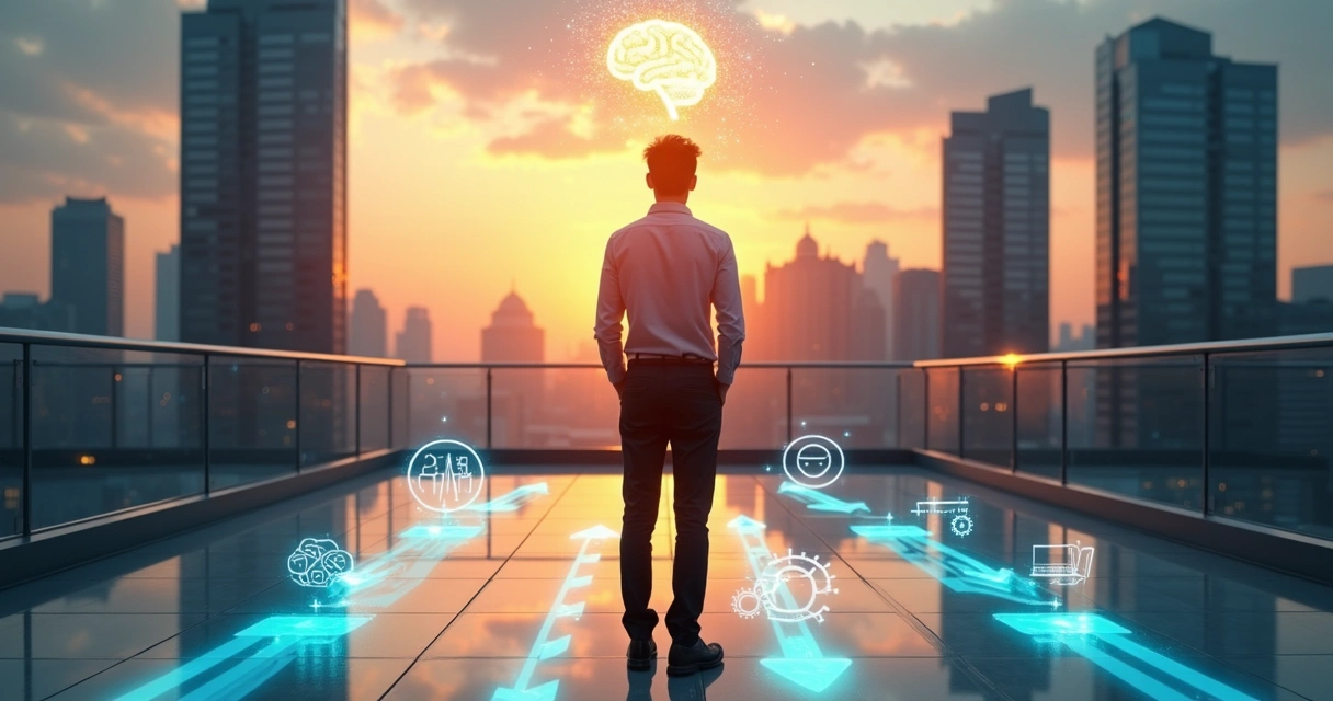 Profissional em frente a múltiplos caminhos digitais representando escolhas de carreira guiadas pelo mindset 