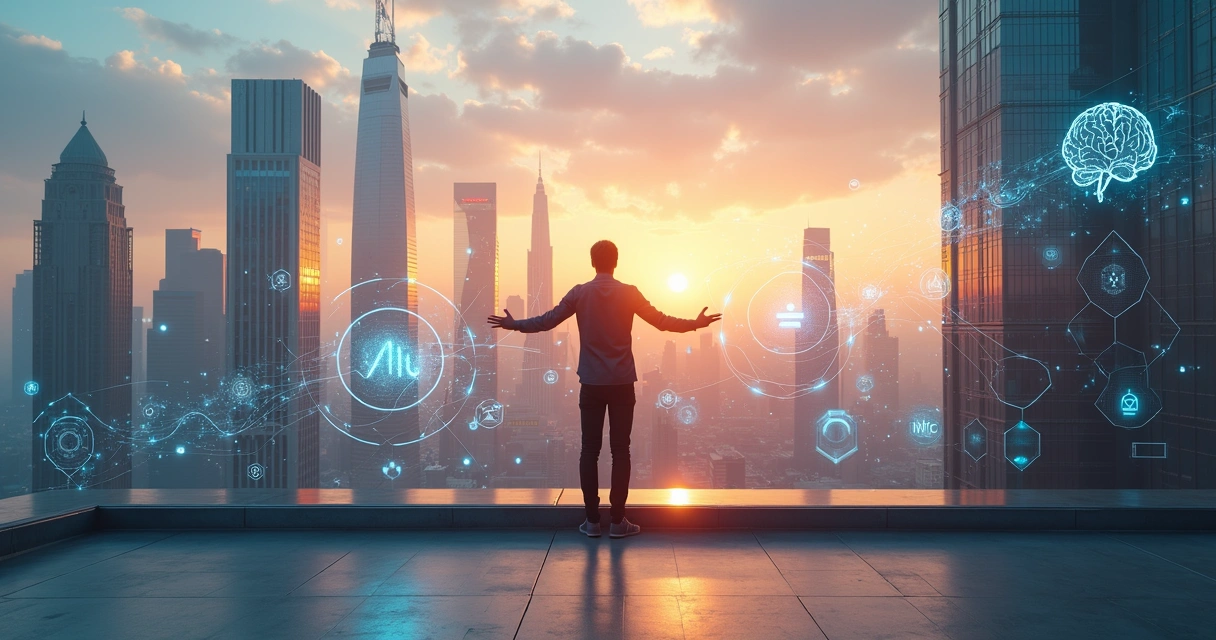 Profissional observando cidade futurista com gráficos de crescimento digital 