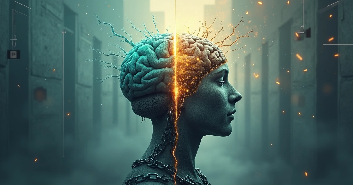 Cérebro dividido entre mindset fixo e mindset de crescimento 