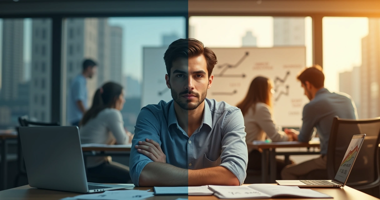 Profissional em encruzilhada entre mindset fixo e de crescimento no trabalho 