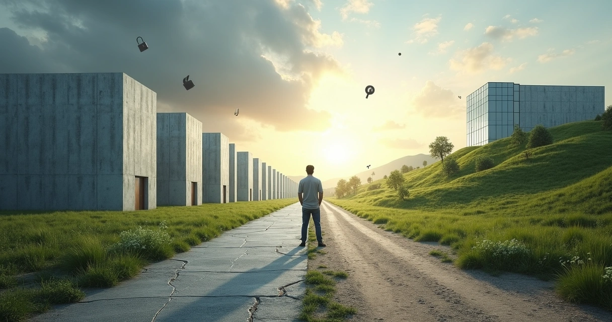 Caminho se dividindo entre mindset fixo e mindset de crescimento 